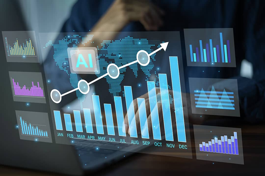 Businessman navigation AI logistics management software.